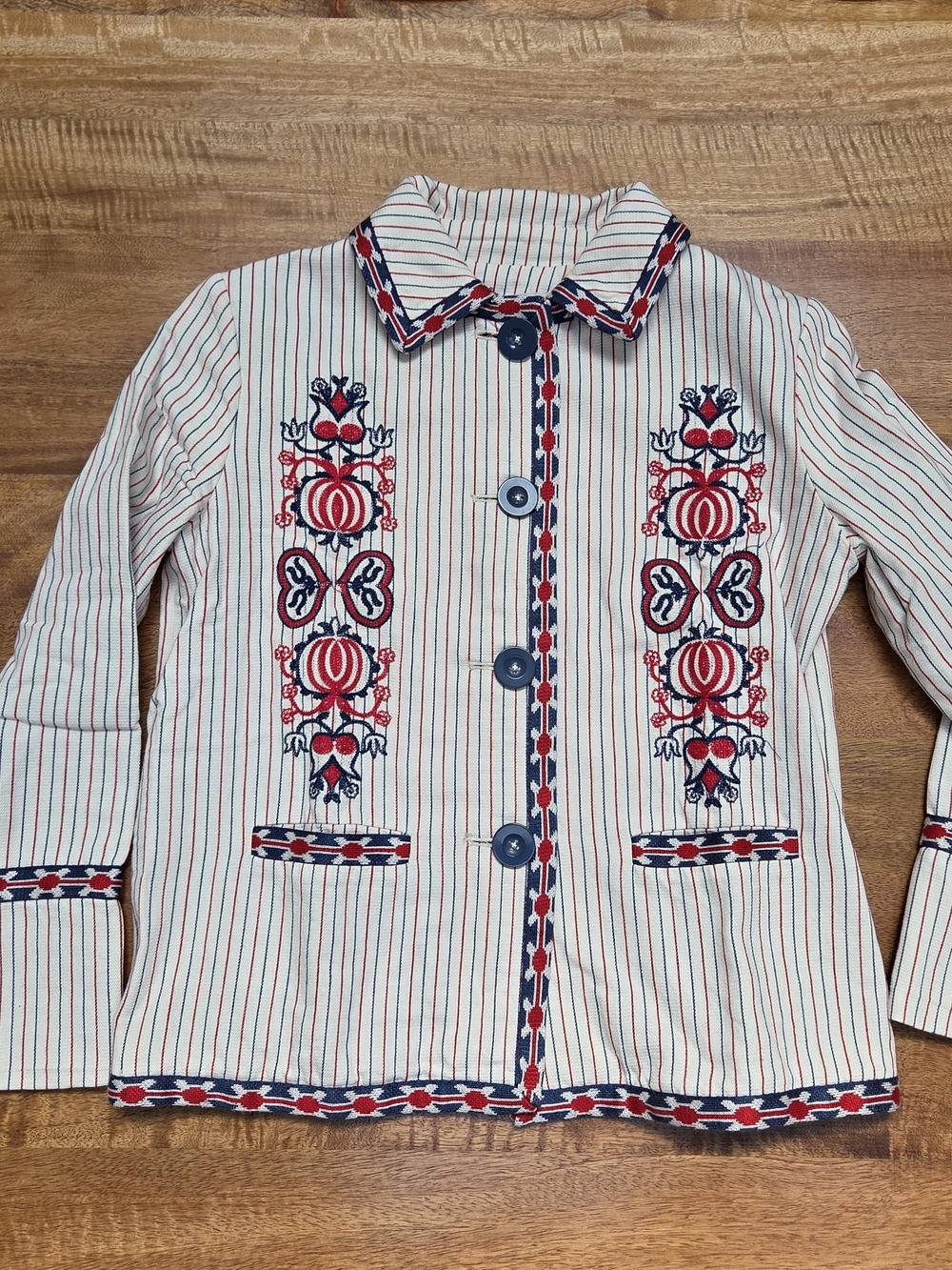 Max Studio Red, Navy & White Striped Embroidered Blazer
